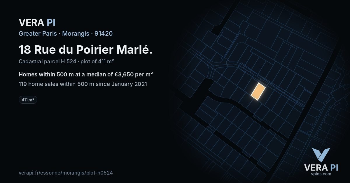 18 Rue du Poirier Marlé, Morangis at night – the plot lit, the parcels around coloured by the prices near them