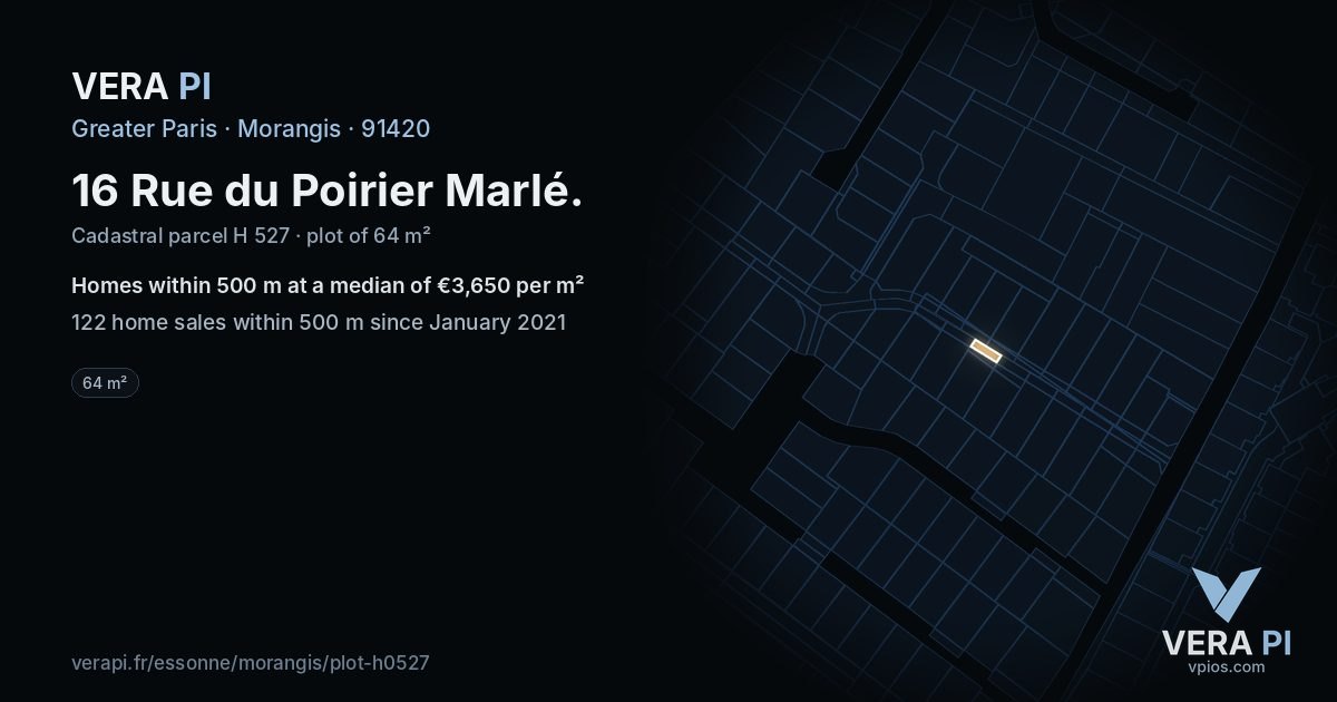 16 Rue du Poirier Marlé, Morangis at night – the plot lit, the parcels around coloured by the prices near them