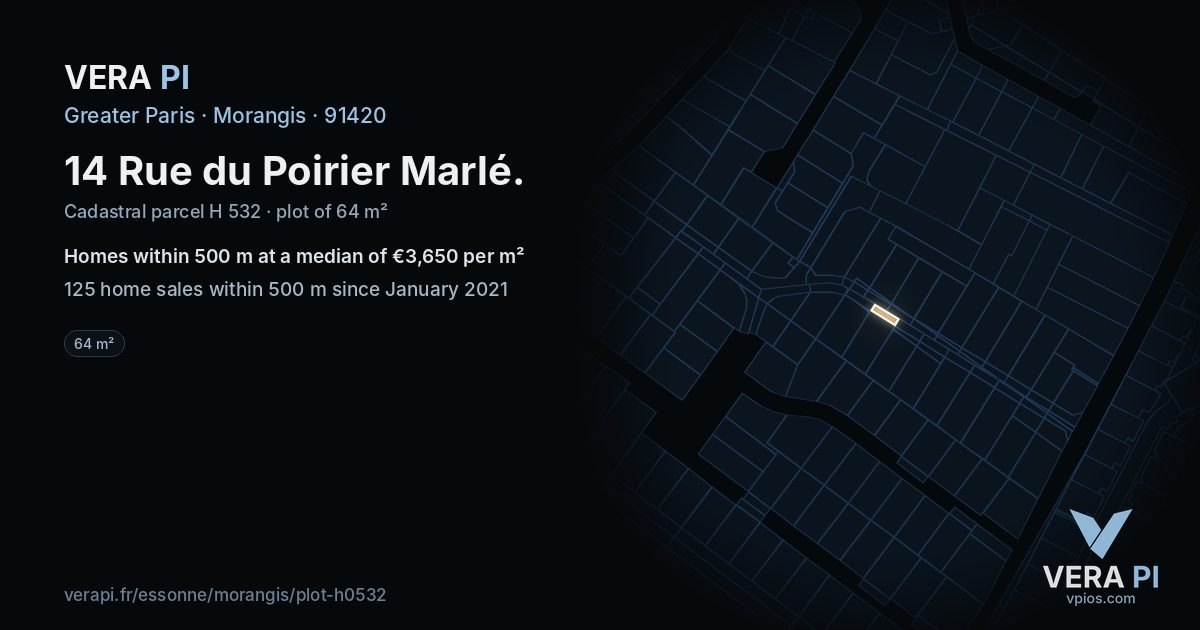 14 Rue du Poirier Marlé, Morangis at night – the plot lit, the parcels around coloured by the prices near them