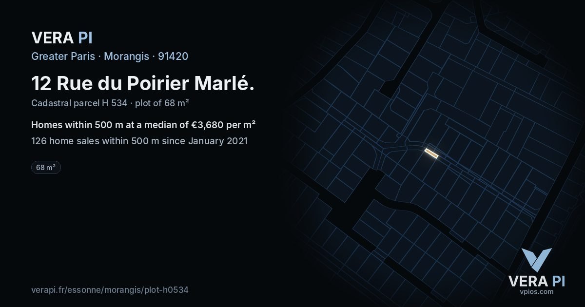 12 Rue du Poirier Marlé, Morangis at night – the plot lit, the parcels around coloured by the prices near them