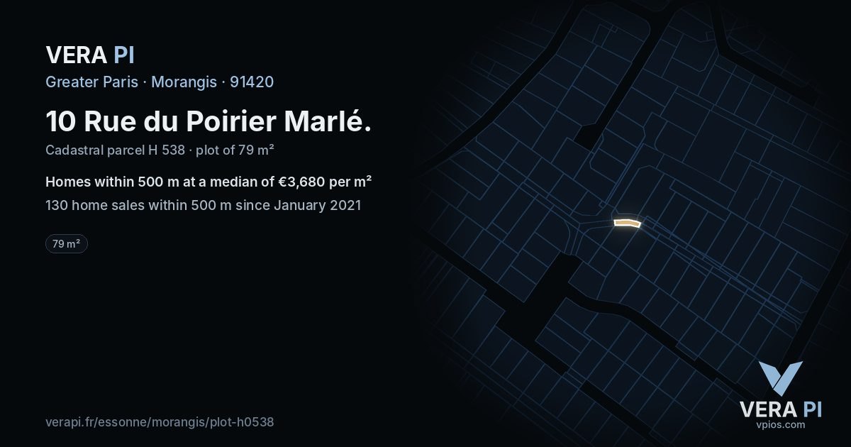 10 Rue du Poirier Marlé, Morangis at night – the plot lit, the parcels around coloured by the prices near them