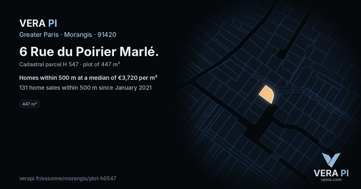 6 Rue du Poirier Marlé, Morangis at night – the plot lit, the parcels around coloured by the prices near them