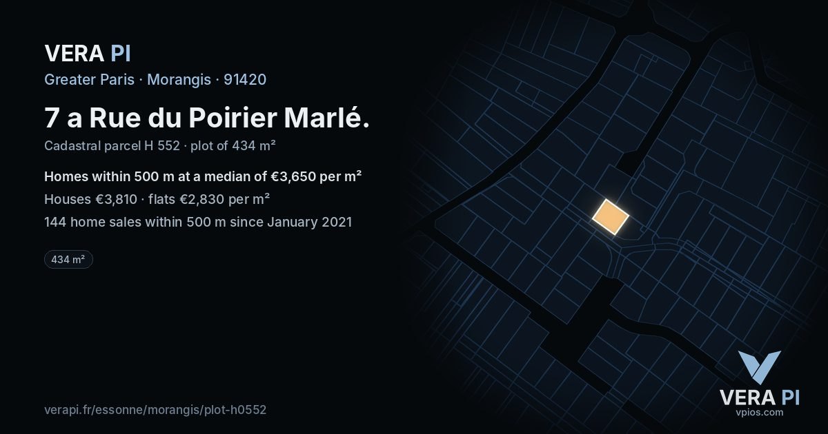 7 a Rue du Poirier Marlé, Morangis at night – the plot lit, the parcels around coloured by the prices near them