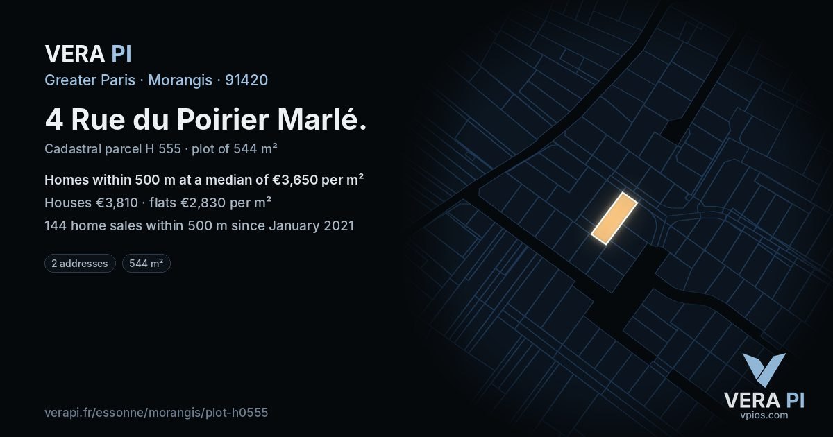 4 Rue du Poirier Marlé, Morangis at night – the plot lit, the parcels around coloured by the prices near them
