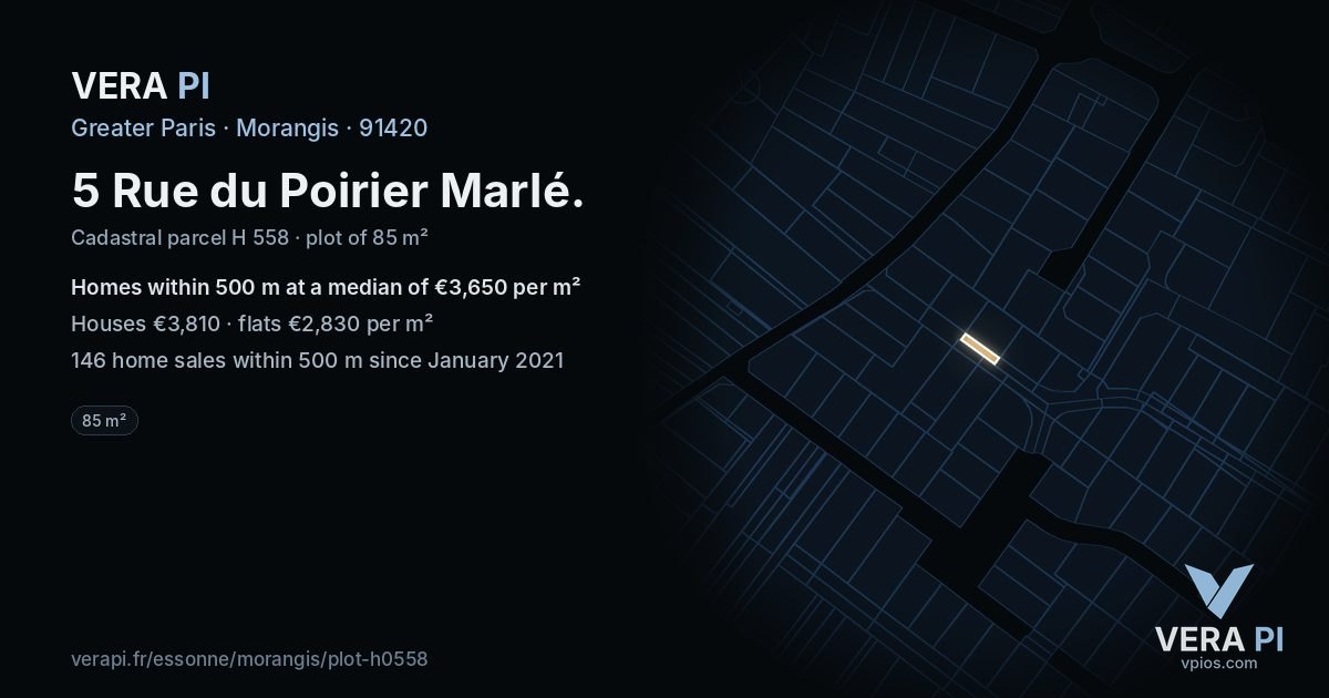 5 Rue du Poirier Marlé, Morangis at night – the plot lit, the parcels around coloured by the prices near them