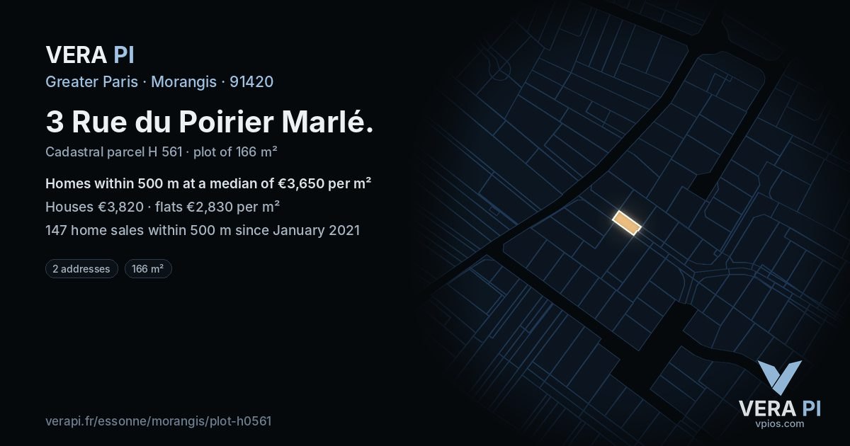 3 Rue du Poirier Marlé, Morangis at night – the plot lit, the parcels around coloured by the prices near them