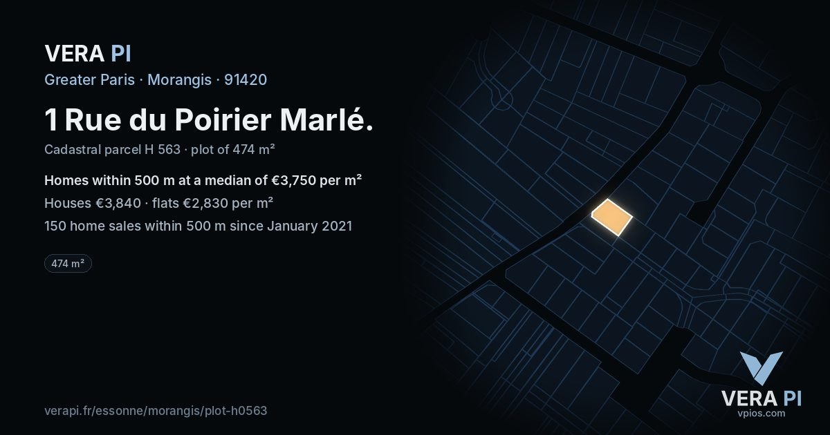 1 Rue du Poirier Marlé, Morangis at night – the plot lit, the parcels around coloured by the prices near them