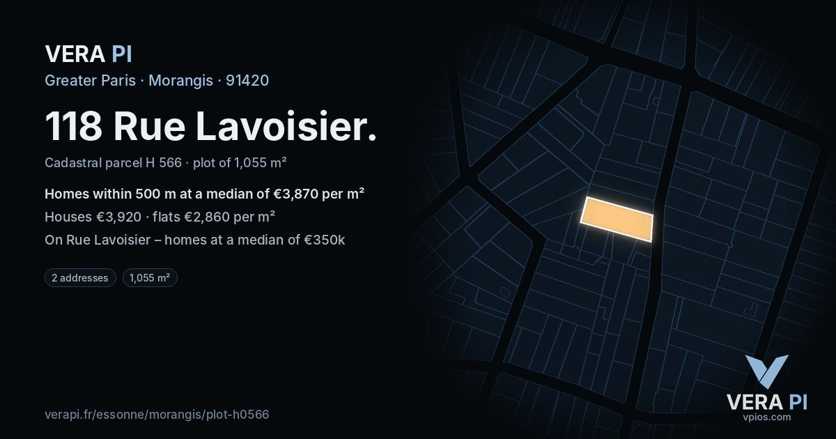 118 Rue Lavoisier, Morangis at night – the plot lit, the parcels around coloured by the prices near them