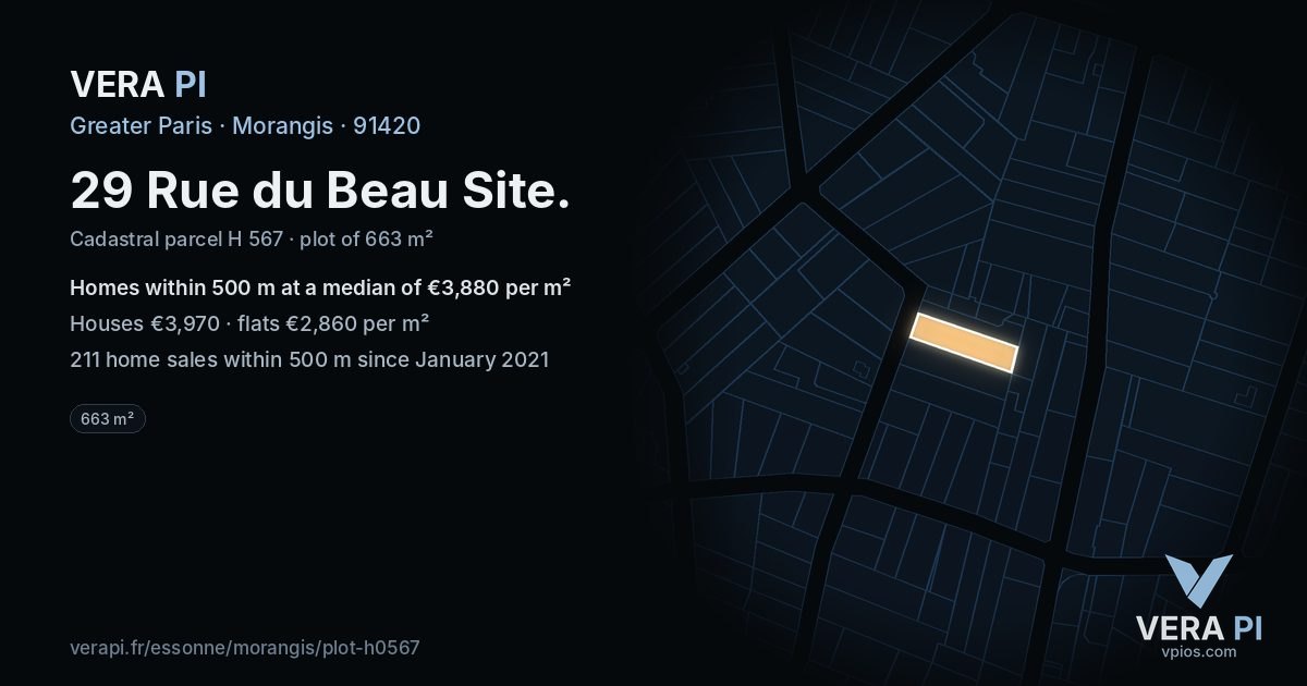 29 Rue du Beau Site, Morangis at night – the plot lit, the parcels around coloured by the prices near them