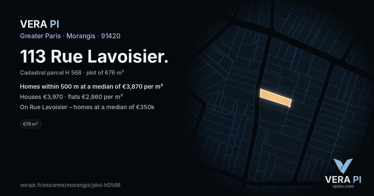 113 Rue Lavoisier, Morangis at night – the plot lit, the parcels around coloured by the prices near them