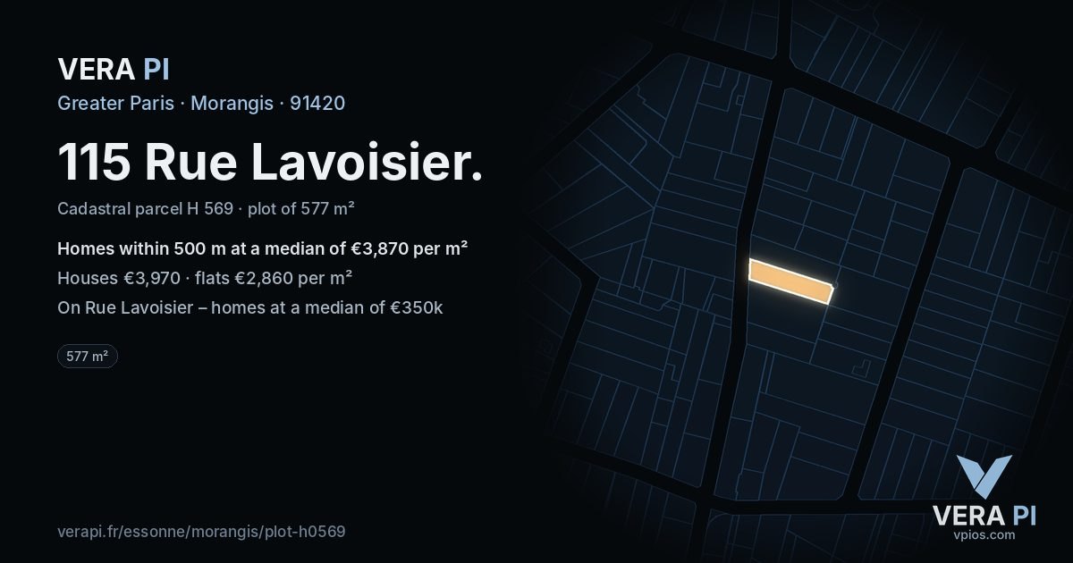 115 Rue Lavoisier, Morangis at night – the plot lit, the parcels around coloured by the prices near them