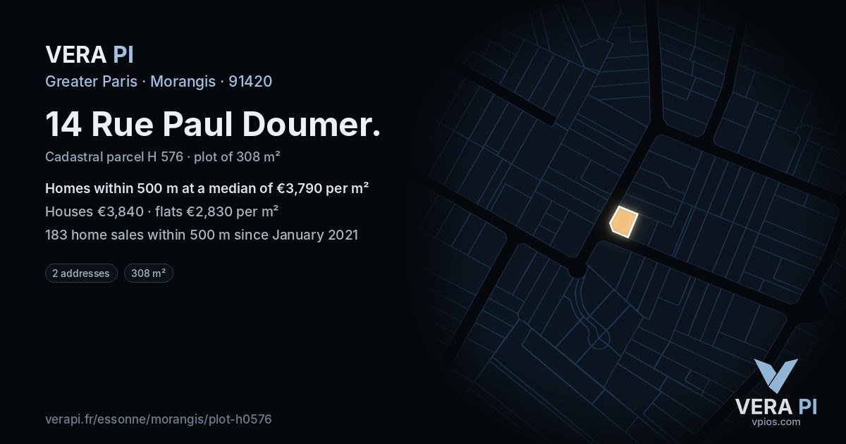 14 Rue Paul Doumer, Morangis at night – the plot lit, the parcels around coloured by the prices near them
