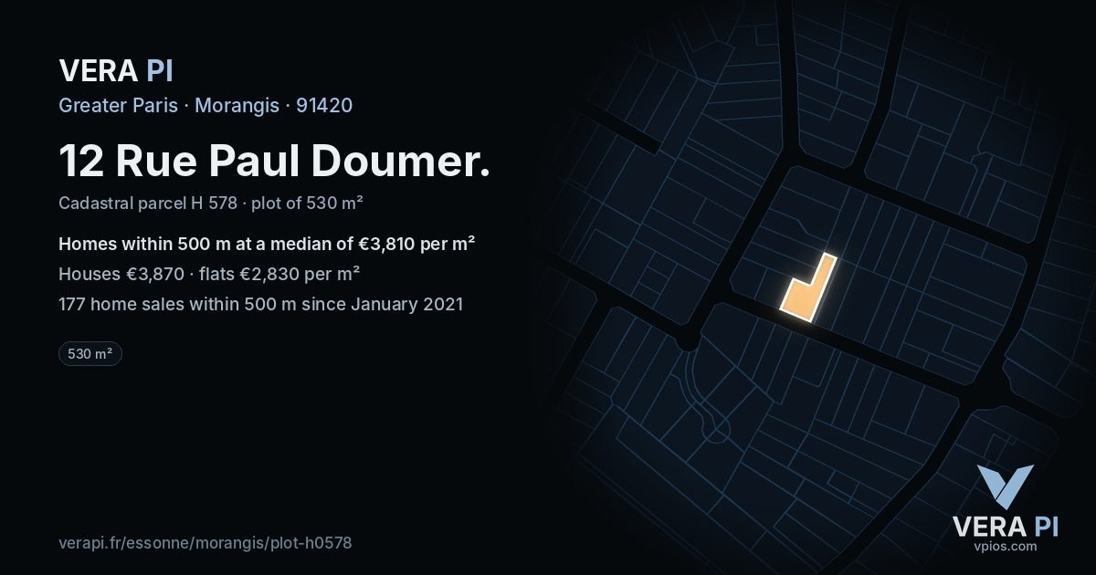 12 Rue Paul Doumer, Morangis at night – the plot lit, the parcels around coloured by the prices near them
