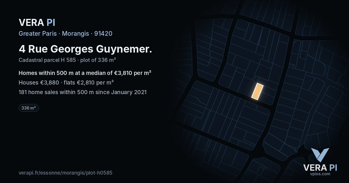 4 Rue Georges Guynemer, Morangis at night – the plot lit, the parcels around coloured by the prices near them