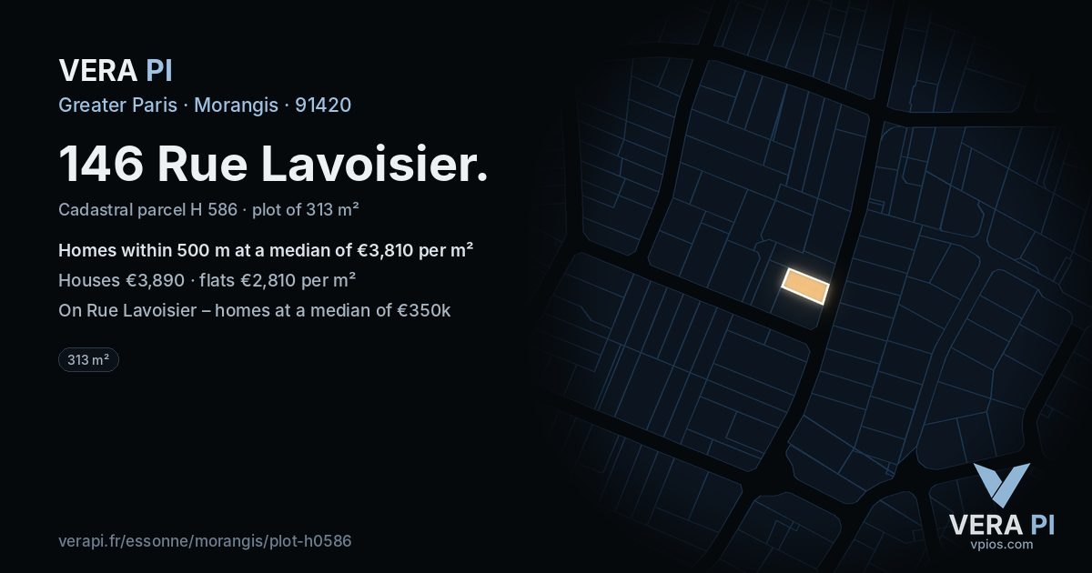 146 Rue Lavoisier, Morangis at night – the plot lit, the parcels around coloured by the prices near them