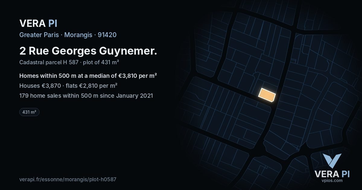 2 Rue Georges Guynemer, Morangis at night – the plot lit, the parcels around coloured by the prices near them