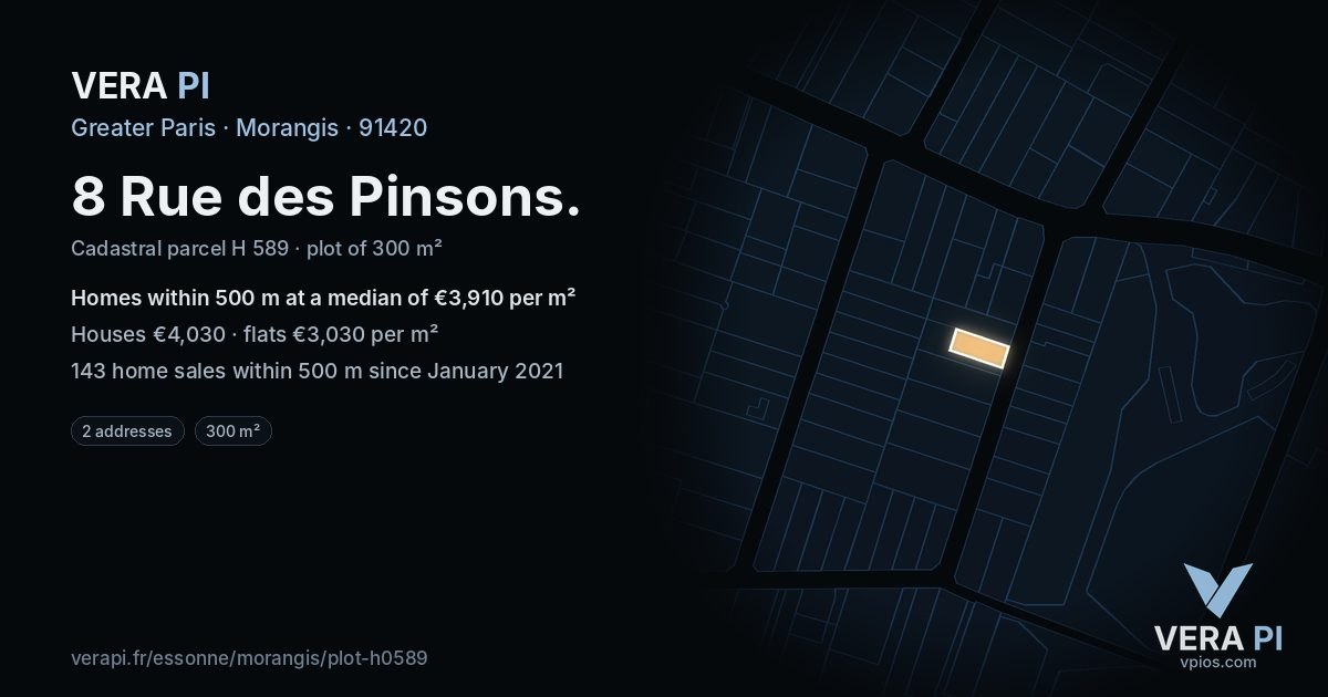8 Rue des Pinsons, Morangis at night – the plot lit, the parcels around coloured by the prices near them