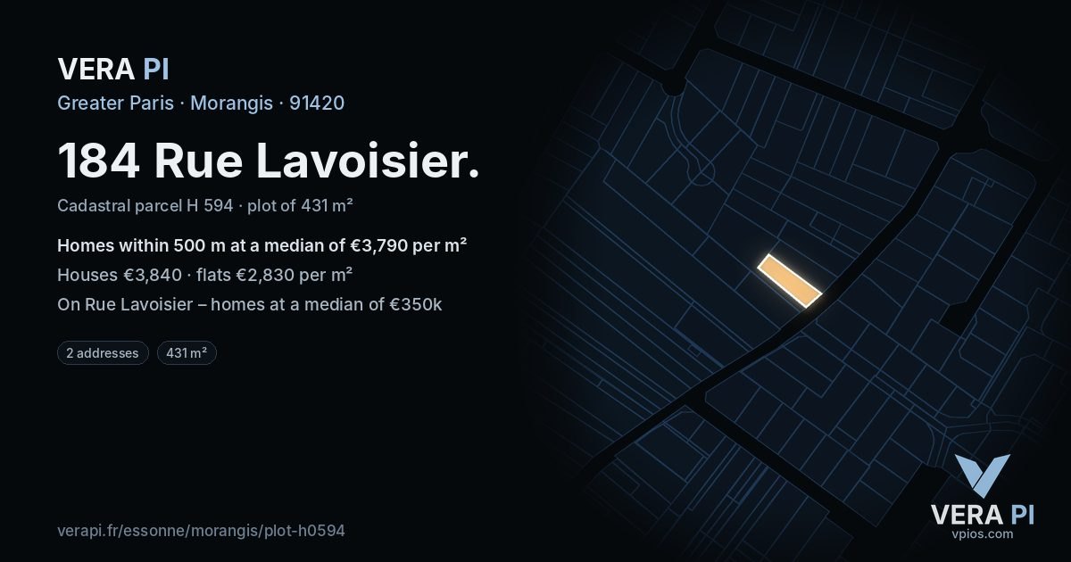 184 Rue Lavoisier, Morangis at night – the plot lit, the parcels around coloured by the prices near them