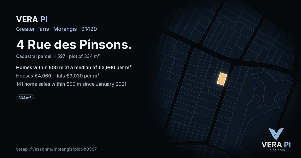 4 Rue des Pinsons, Morangis at night – the plot lit, the parcels around coloured by the prices near them