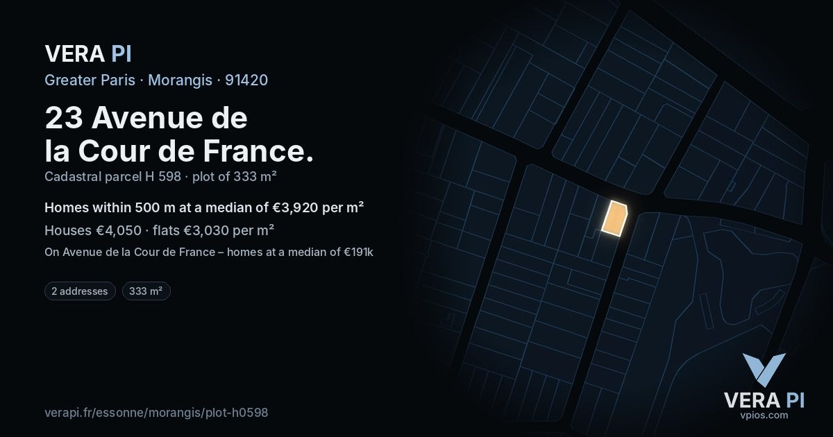23 Avenue de la Cour de France, Morangis at night – the plot lit, the parcels around coloured by the prices near them