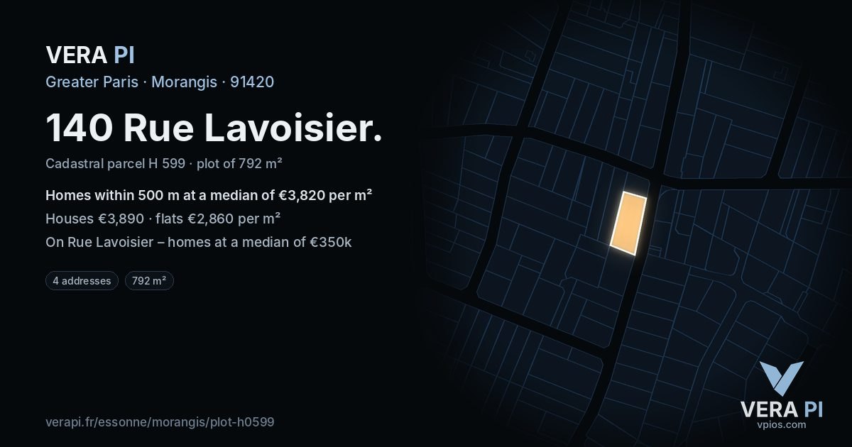 140 Rue Lavoisier, Morangis at night – the plot lit, the parcels around coloured by the prices near them