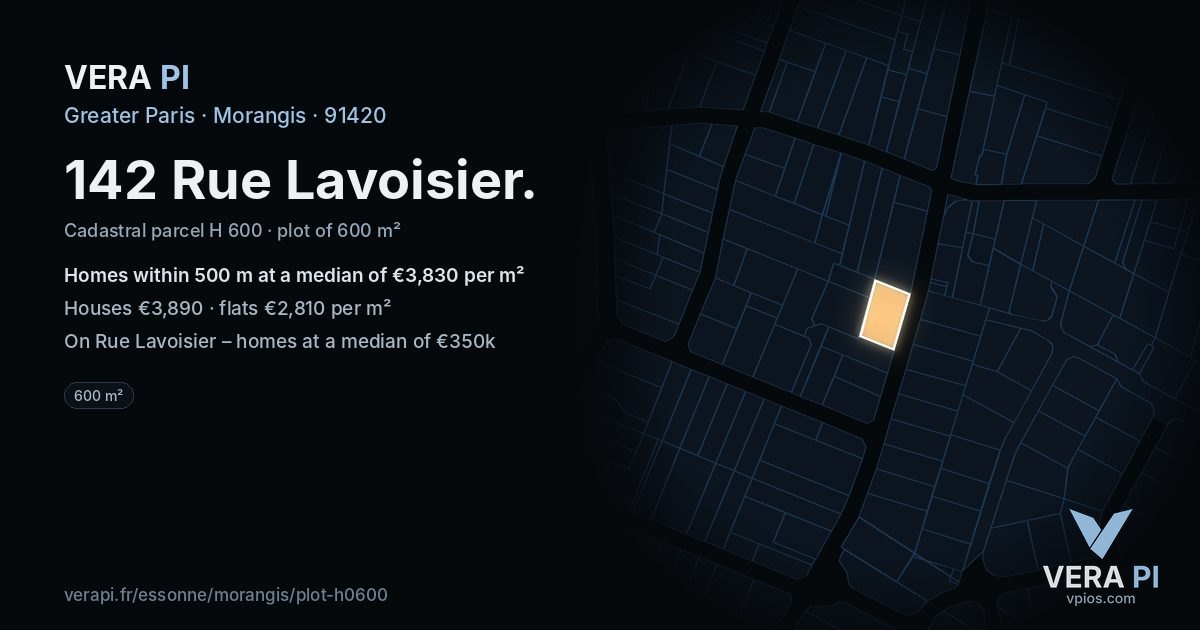 142 Rue Lavoisier, Morangis at night – the plot lit, the parcels around coloured by the prices near them