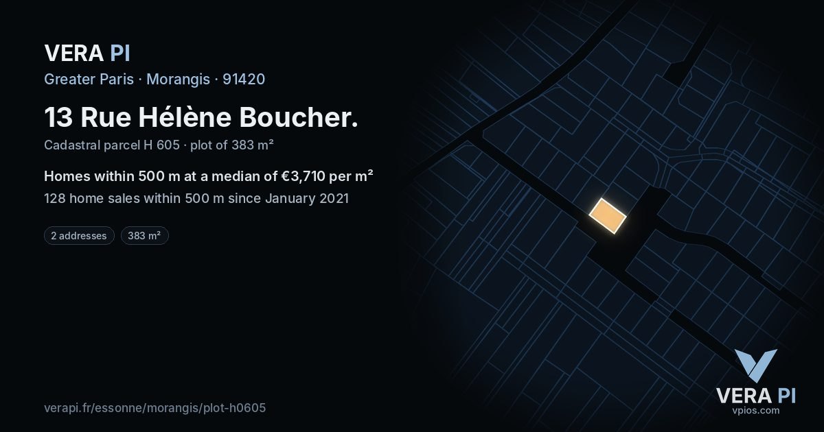 13 Rue Hélène Boucher, Morangis at night – the plot lit, the parcels around coloured by the prices near them