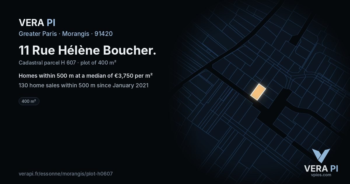 11 Rue Hélène Boucher, Morangis at night – the plot lit, the parcels around coloured by the prices near them