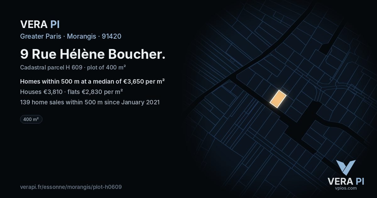 9 Rue Hélène Boucher, Morangis at night – the plot lit, the parcels around coloured by the prices near them