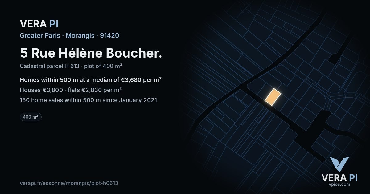 5 Rue Hélène Boucher, Morangis at night – the plot lit, the parcels around coloured by the prices near them