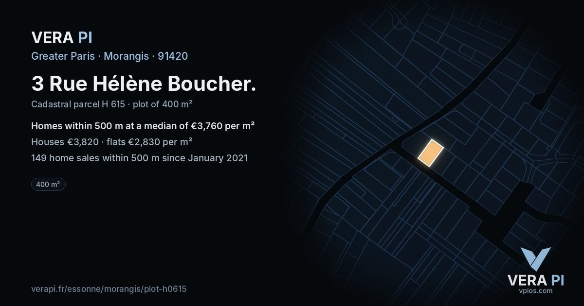3 Rue Hélène Boucher, Morangis at night – the plot lit, the parcels around coloured by the prices near them