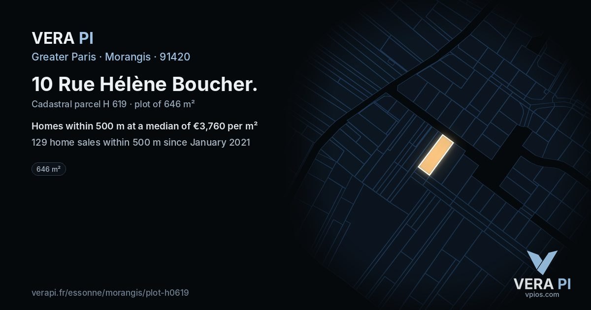 10 Rue Hélène Boucher, Morangis at night – the plot lit, the parcels around coloured by the prices near them