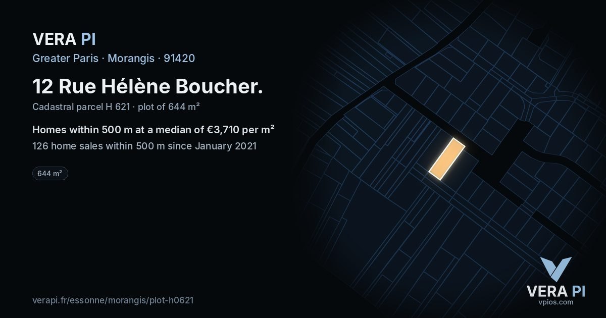 12 Rue Hélène Boucher, Morangis at night – the plot lit, the parcels around coloured by the prices near them