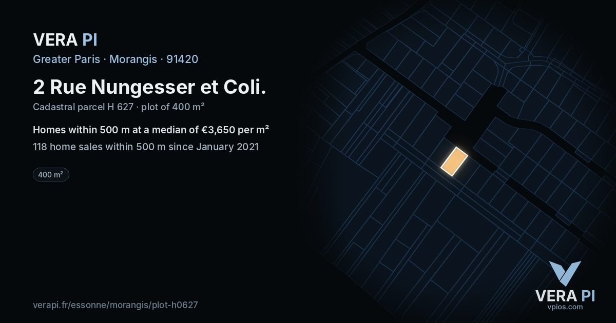 2 Rue Nungesser et Coli, Morangis at night – the plot lit, the parcels around coloured by the prices near them