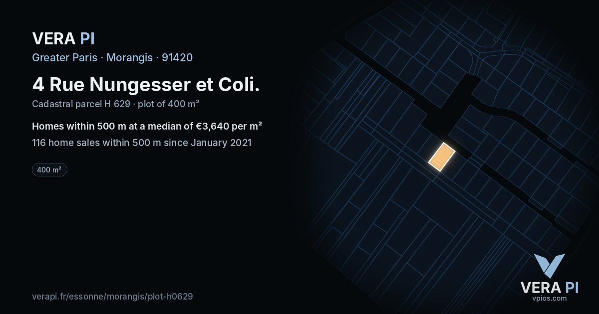 4 Rue Nungesser et Coli, Morangis at night – the plot lit, the parcels around coloured by the prices near them