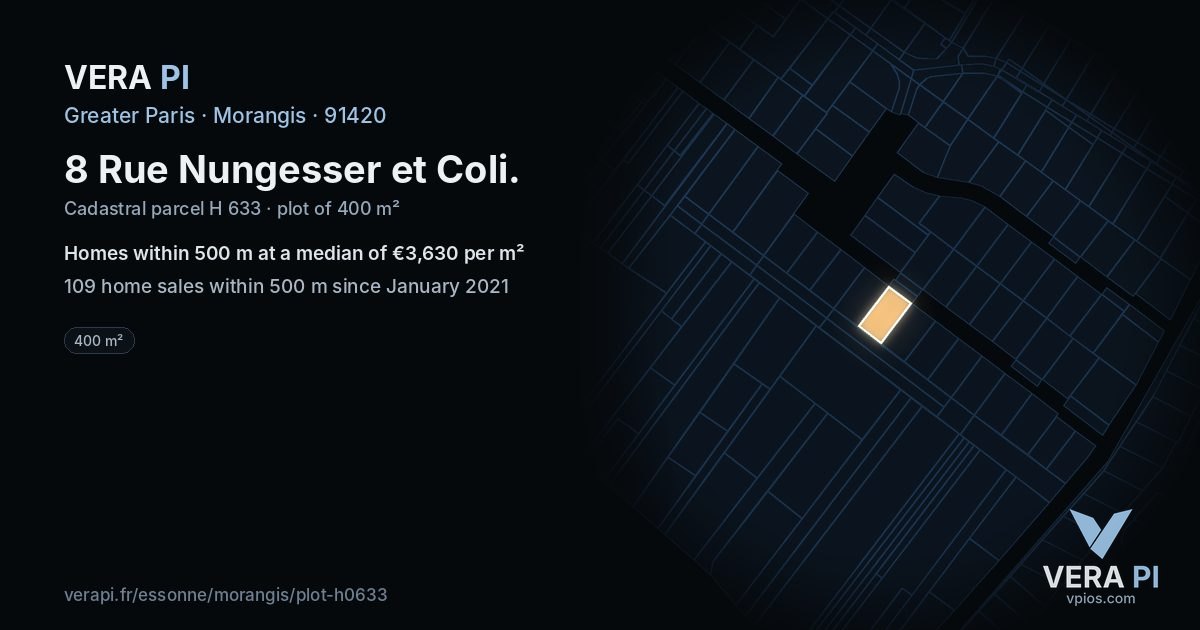 8 Rue Nungesser et Coli, Morangis at night – the plot lit, the parcels around coloured by the prices near them
