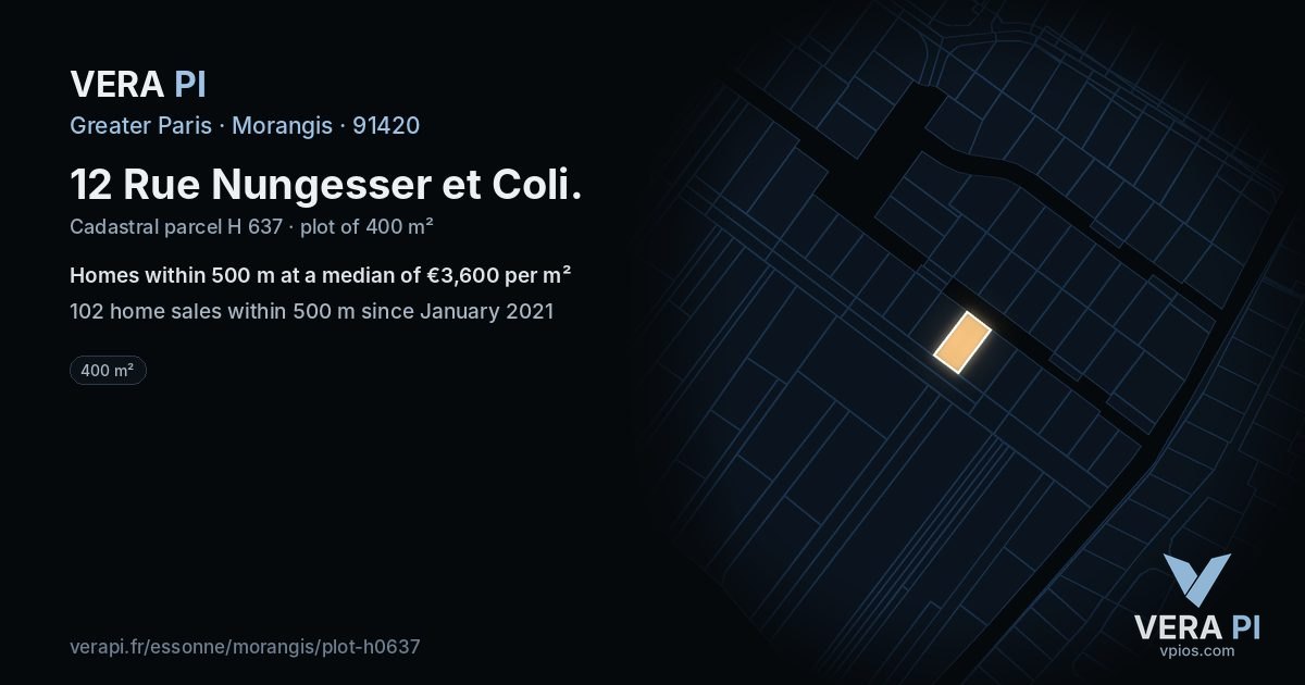 12 Rue Nungesser et Coli, Morangis at night – the plot lit, the parcels around coloured by the prices near them