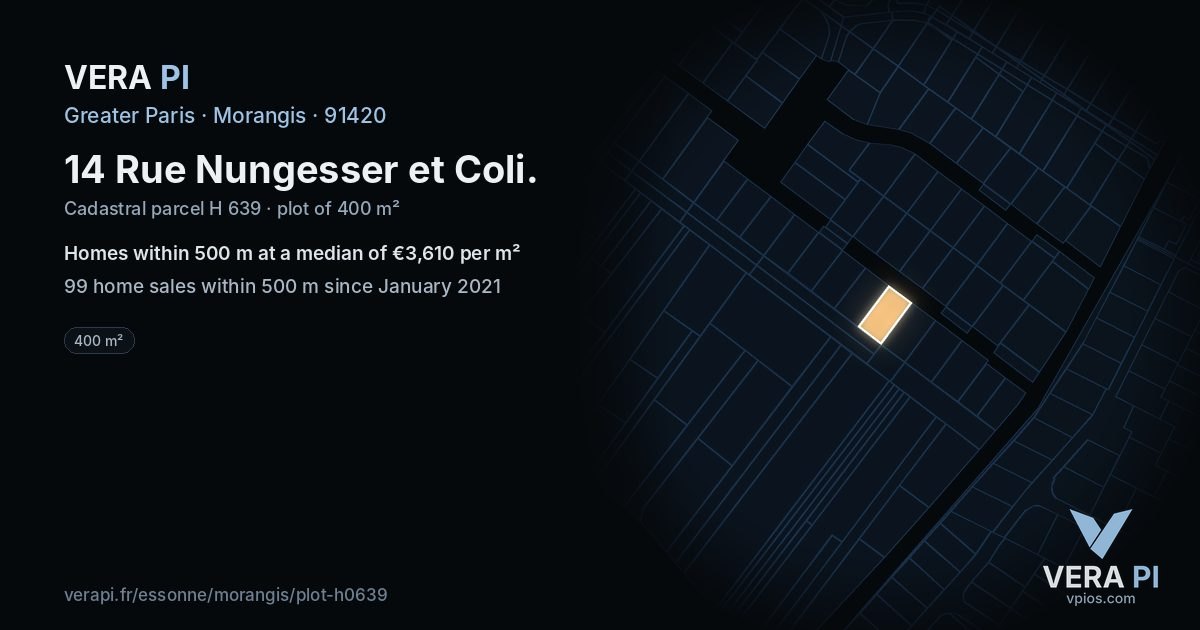 14 Rue Nungesser et Coli, Morangis at night – the plot lit, the parcels around coloured by the prices near them