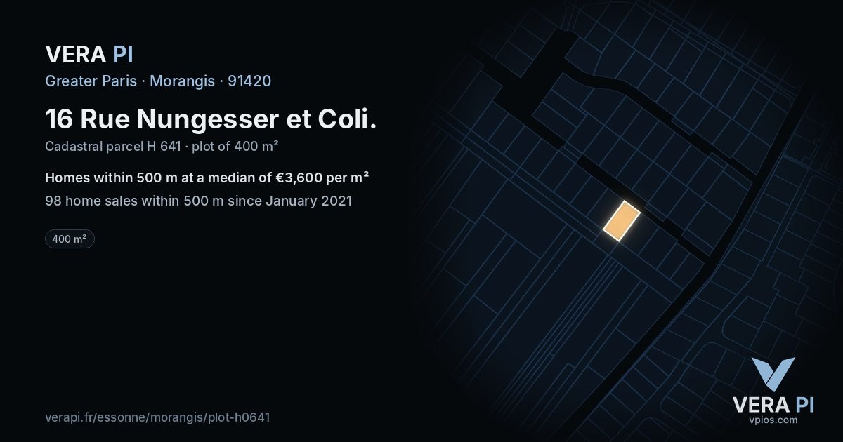 16 Rue Nungesser et Coli, Morangis at night – the plot lit, the parcels around coloured by the prices near them