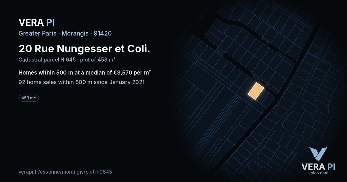 20 Rue Nungesser et Coli, Morangis at night – the plot lit, the parcels around coloured by the prices near them