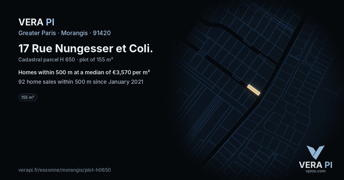 17 Rue Nungesser et Coli, Morangis at night – the plot lit, the parcels around coloured by the prices near them