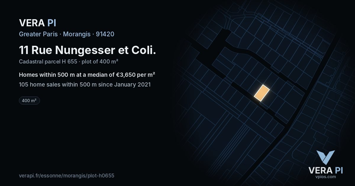 11 Rue Nungesser et Coli, Morangis at night – the plot lit, the parcels around coloured by the prices near them