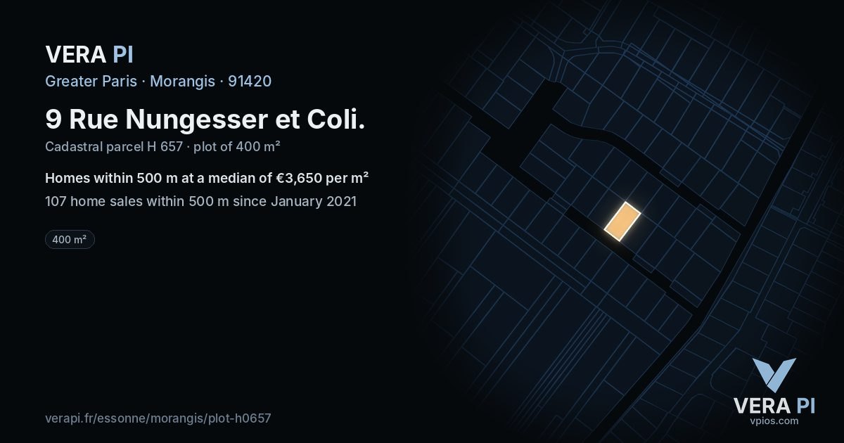 9 Rue Nungesser et Coli, Morangis at night – the plot lit, the parcels around coloured by the prices near them