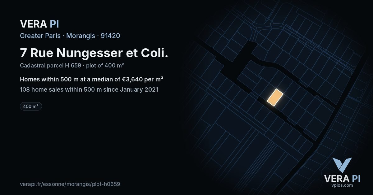 7 Rue Nungesser et Coli, Morangis at night – the plot lit, the parcels around coloured by the prices near them
