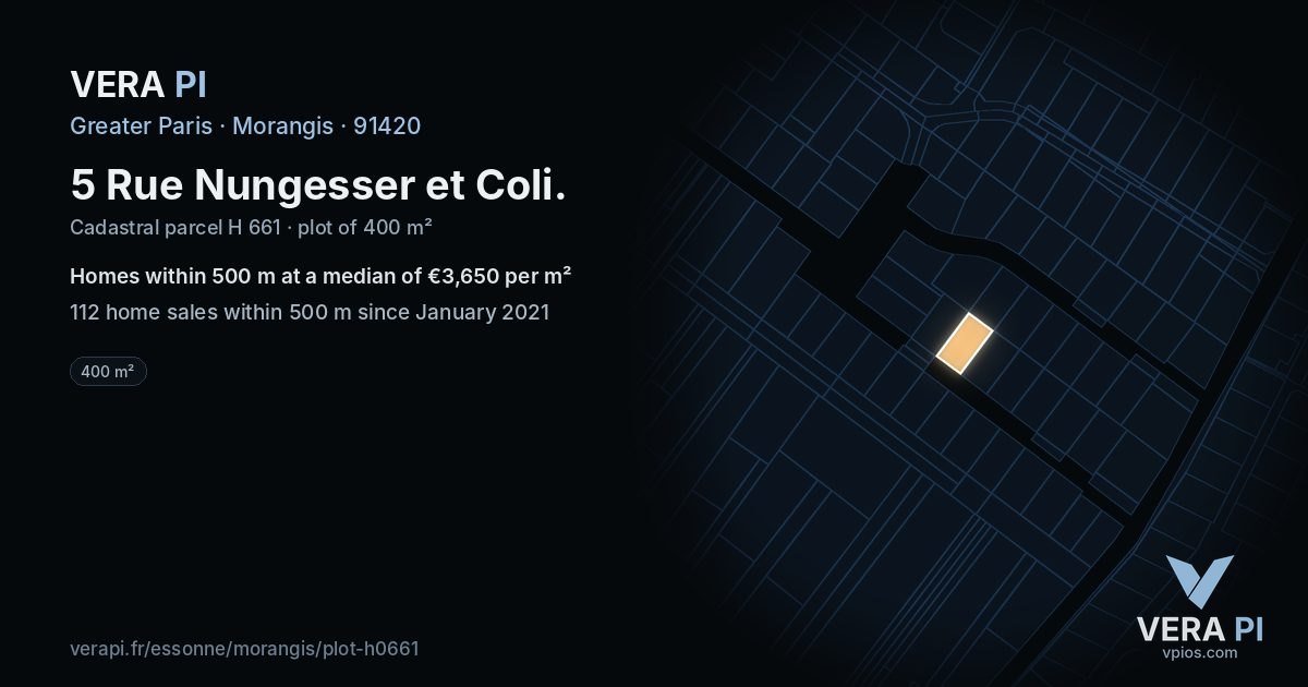 5 Rue Nungesser et Coli, Morangis at night – the plot lit, the parcels around coloured by the prices near them