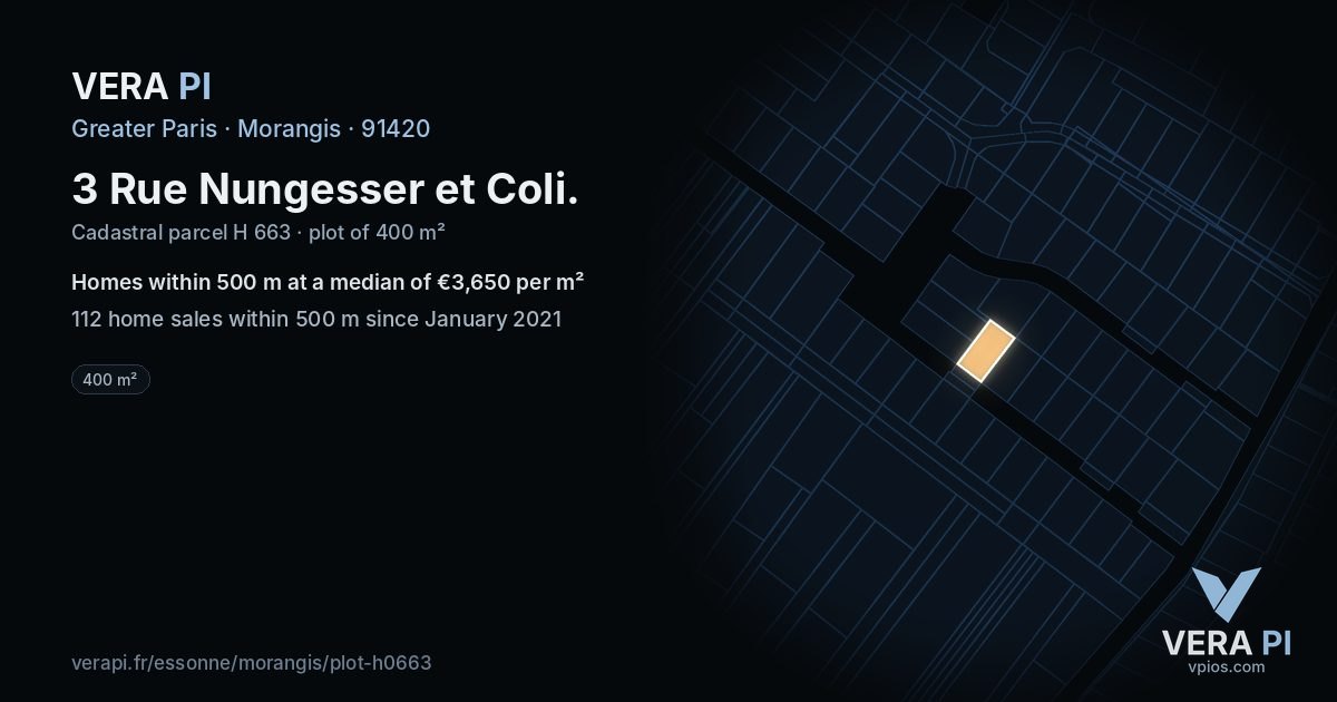 3 Rue Nungesser et Coli, Morangis at night – the plot lit, the parcels around coloured by the prices near them