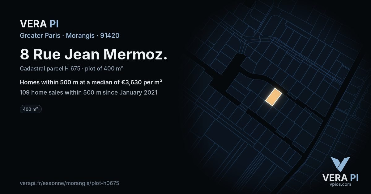 8 Rue Jean Mermoz, Morangis at night – the plot lit, the parcels around coloured by the prices near them