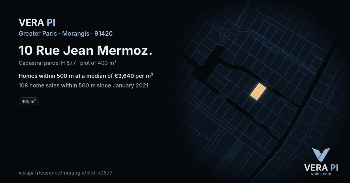10 Rue Jean Mermoz, Morangis at night – the plot lit, the parcels around coloured by the prices near them