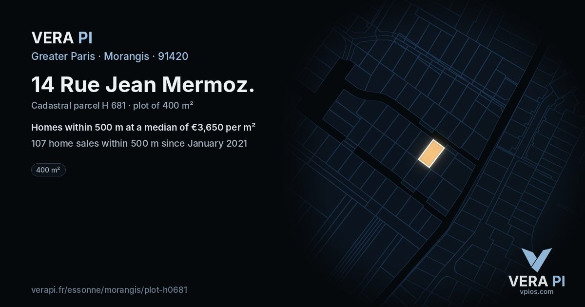 14 Rue Jean Mermoz, Morangis at night – the plot lit, the parcels around coloured by the prices near them