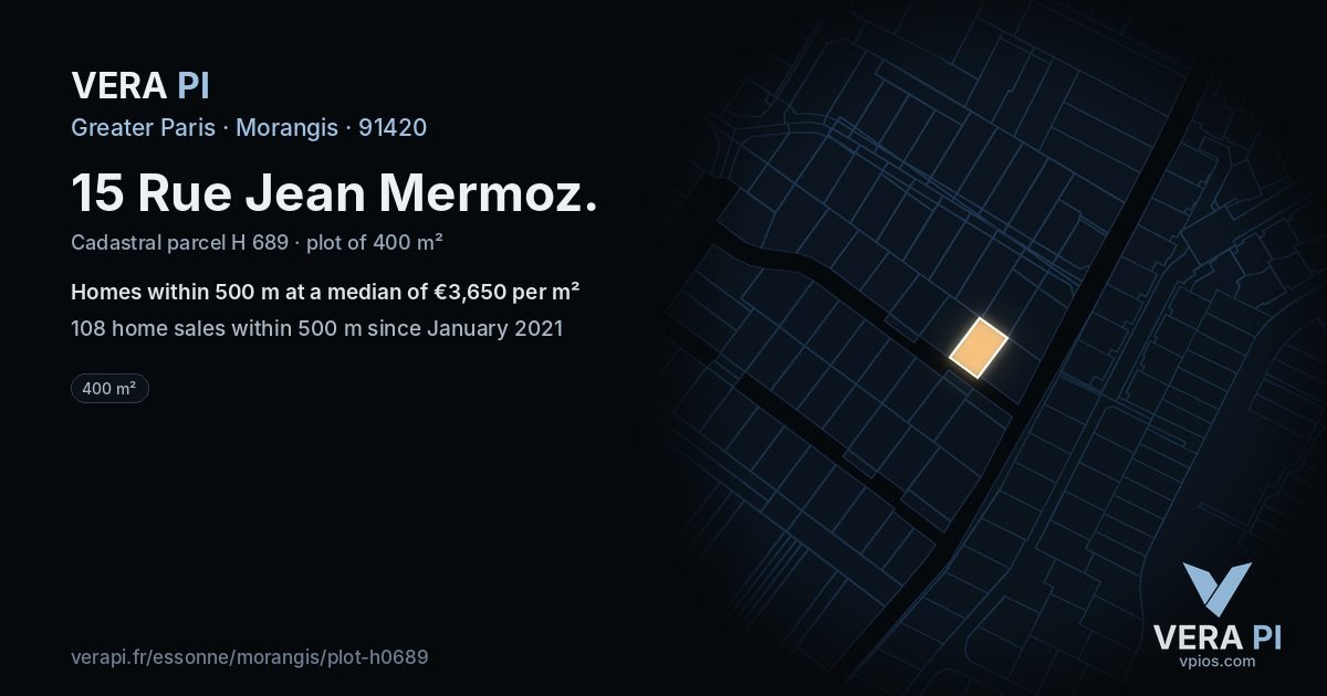15 Rue Jean Mermoz, Morangis at night – the plot lit, the parcels around coloured by the prices near them